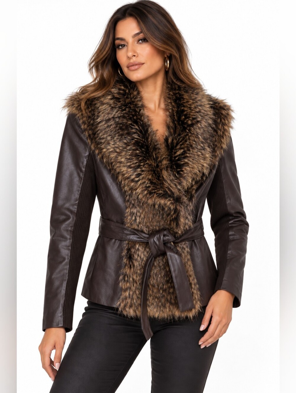Caché Genuine Leather Faux Fur Belted Jacket Brown Y2K Glam Size Medium